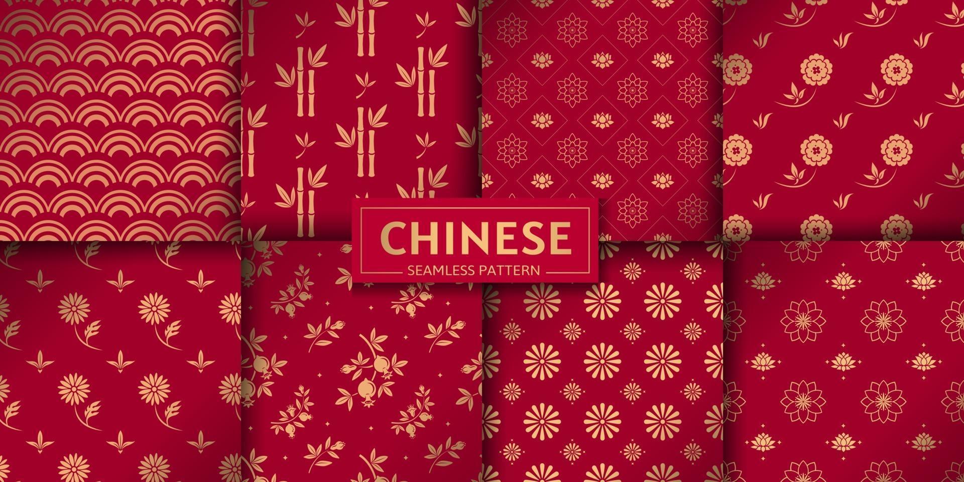 Chinese seamless pattern. Vector set. Floral, marine textures.