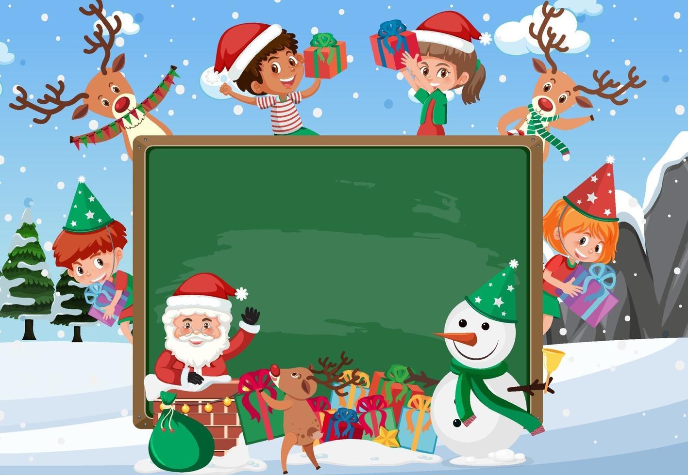 Empty blackboard with kids in Christmas theme vector