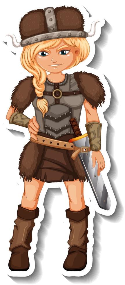 Sticker template with Viking warrior cartoon character isolated vector