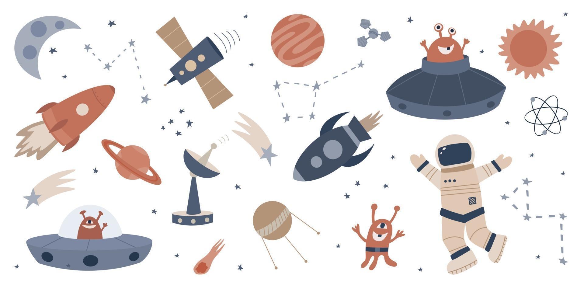 Set of hand drawn cartoon vector illustrations of space.