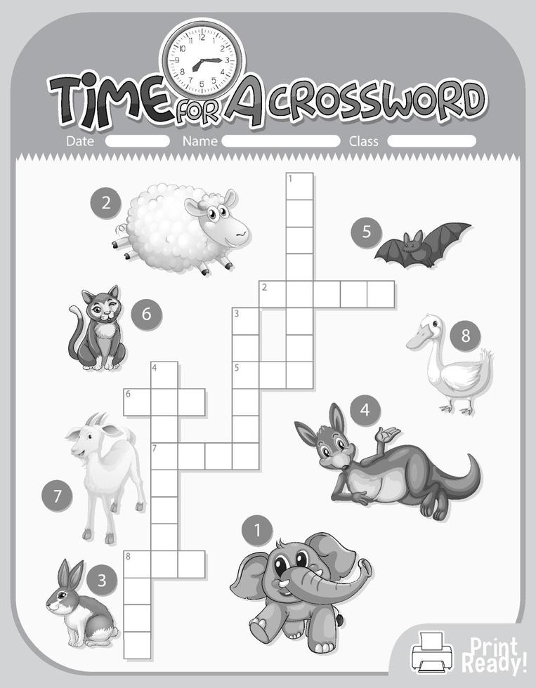 Crossword puzzle game template about animals vector