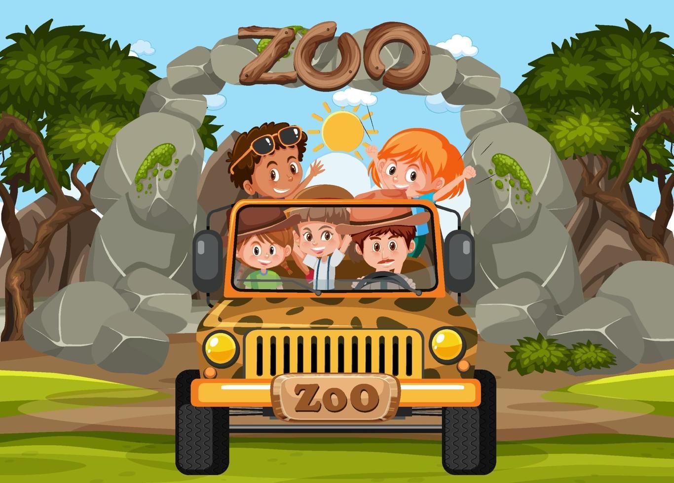 Los niños en el automóvil turístico exploran la escena del zoológico. vector