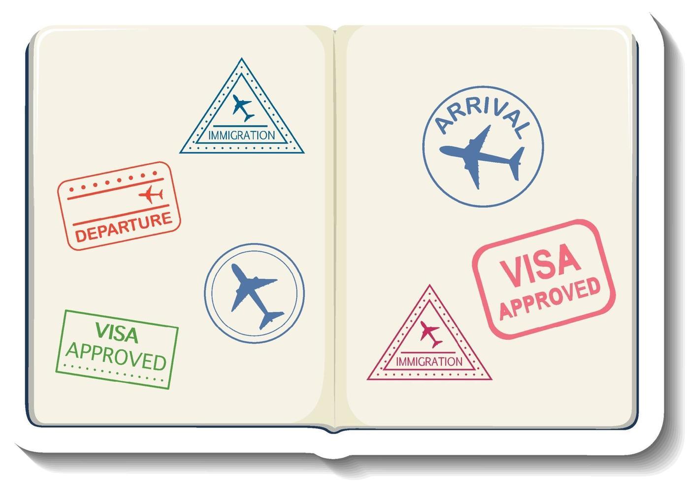 Opened passport with visa stamp cartoon sticker vector