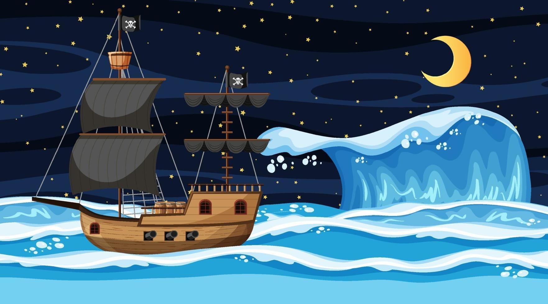 Ocean with Pirate ship at night scene in cartoon style vector