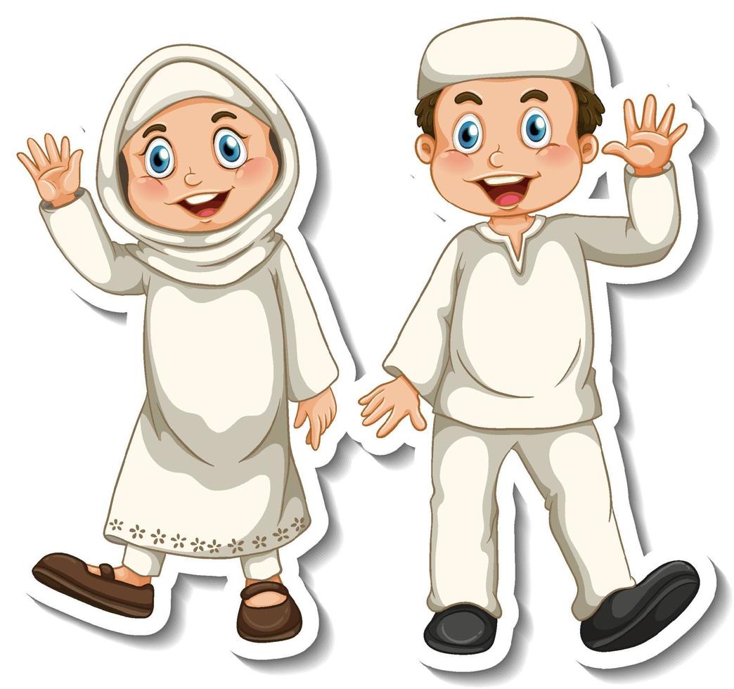 A sticker template with a couple of muslim kids cartoon character vector