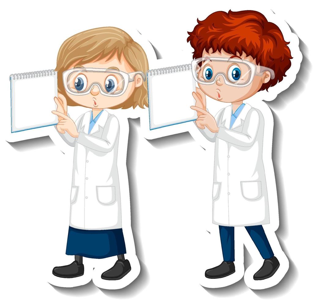 Cartoon character sticker with couple scientists in science gown vector