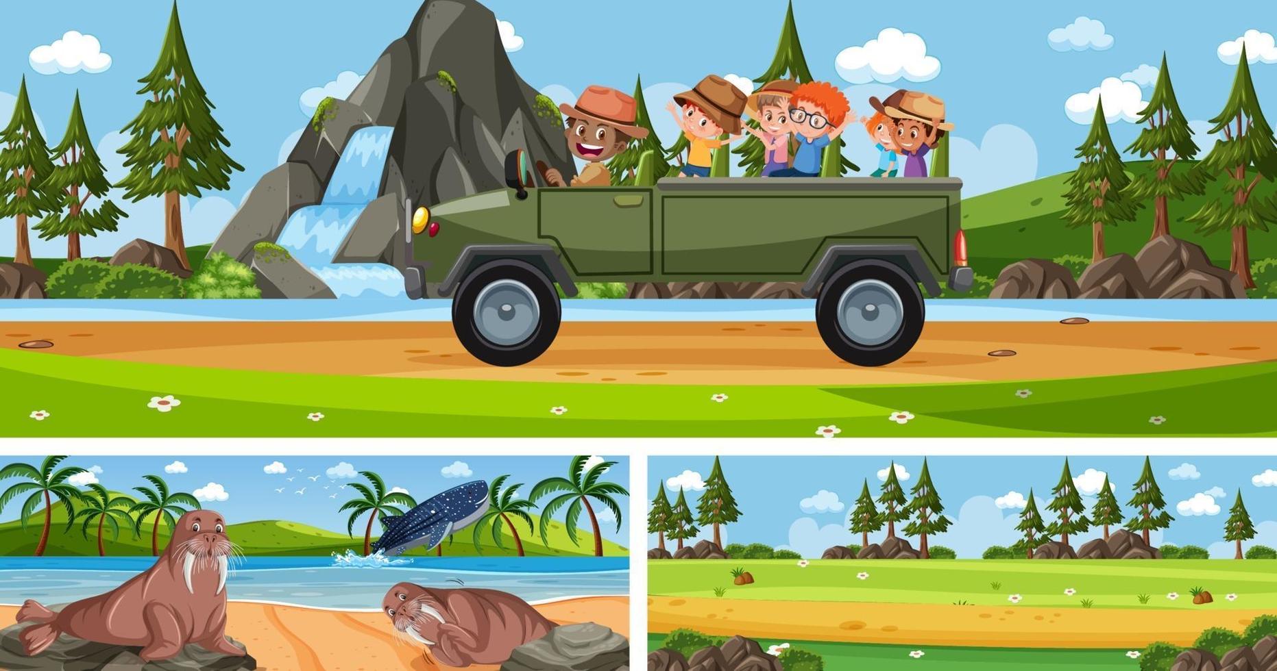 Set of different outdoor landscape scenes with cartoon character vector