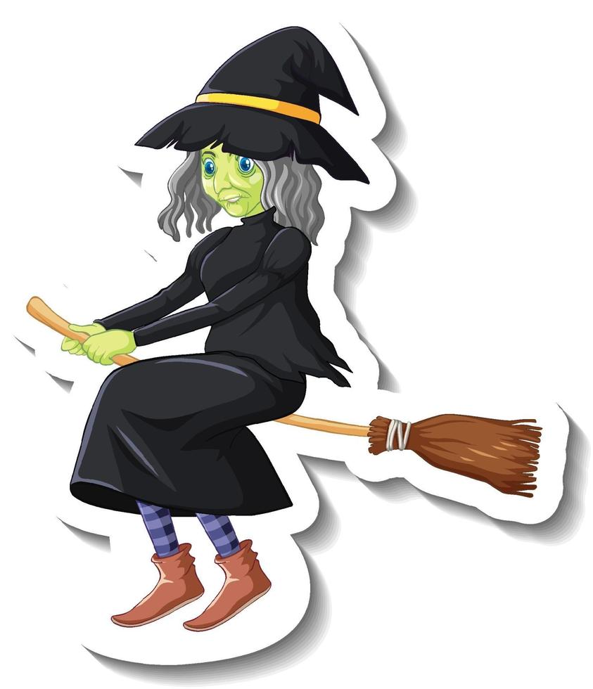 Old witch riding broomstick cartoon character sticker vector