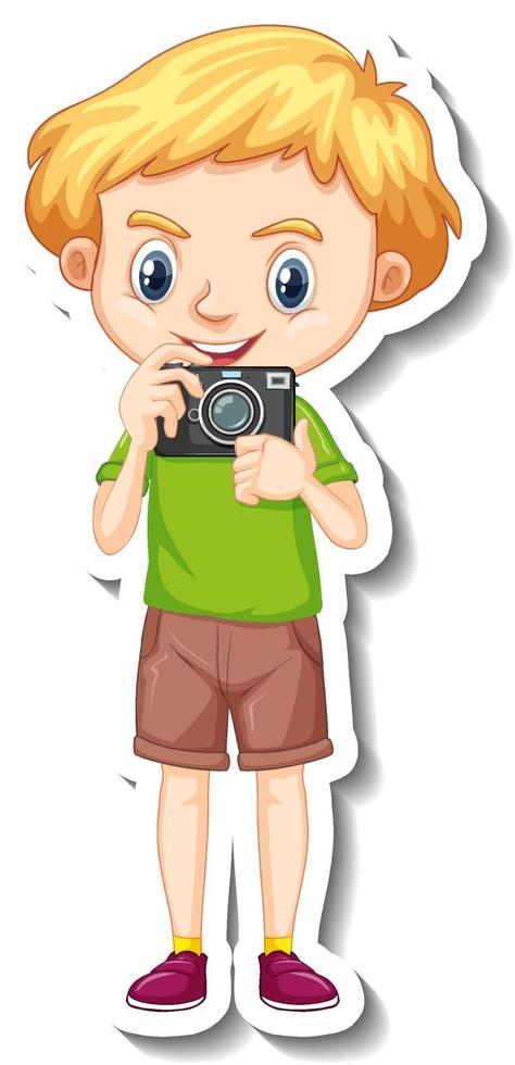 un niño sosteniendo una cámara pegatina de personaje de dibujos animados vector