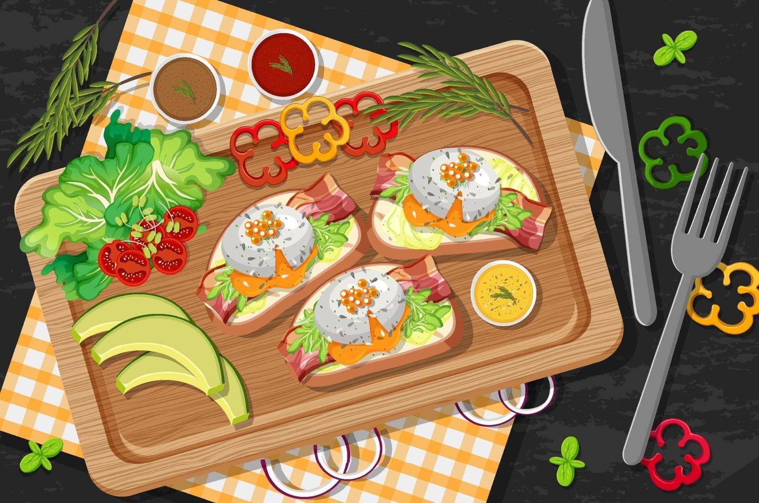 Bruschetta on wooden plate with fresh vegetables on table background vector