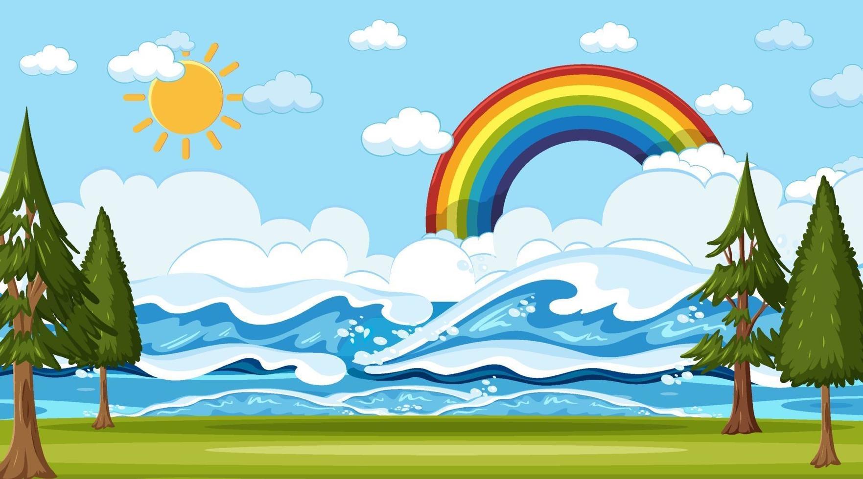 Beach landscape at day time scene with rainbow vector