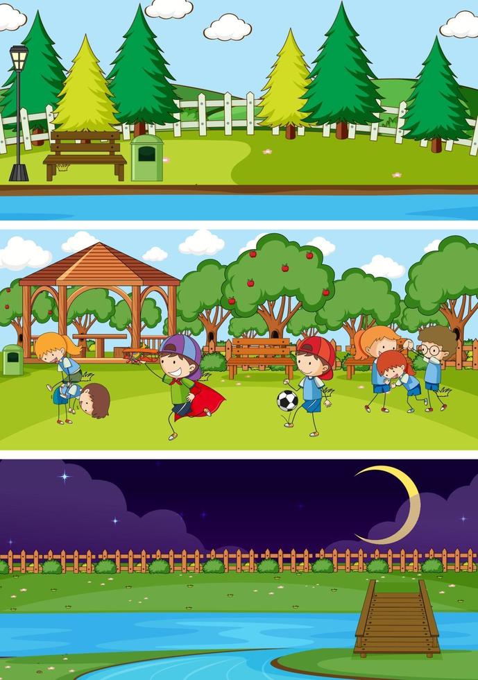 Different horizontal scenes with doodle kids cartoon character vector