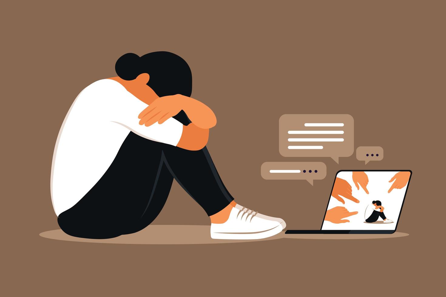 Cyber bullying. Depressed woman sitting on the floor. vector