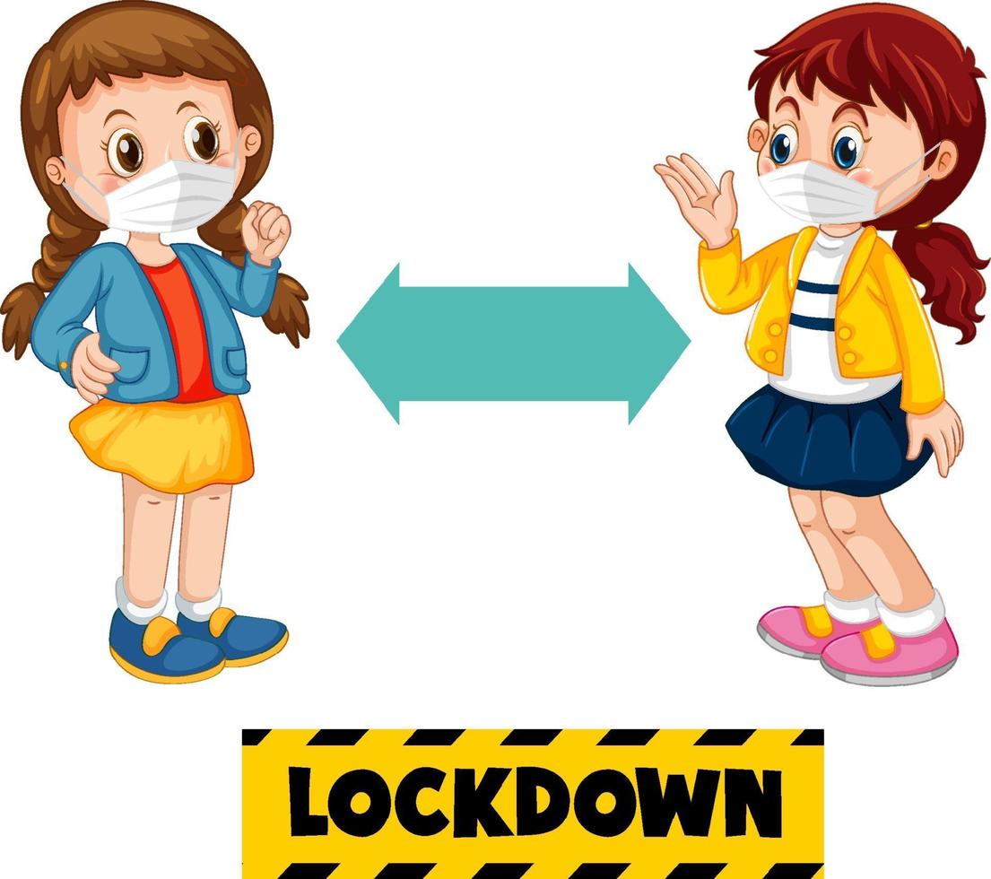 Lockdown font with two children keeping social distance vector