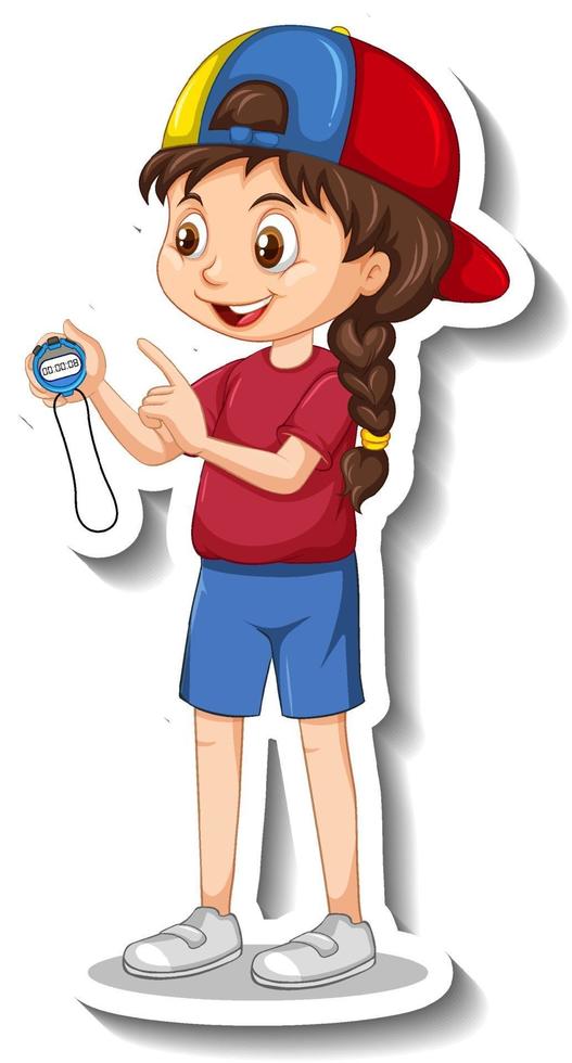 Cartoon character sticker with sport coach girl holding a timer vector