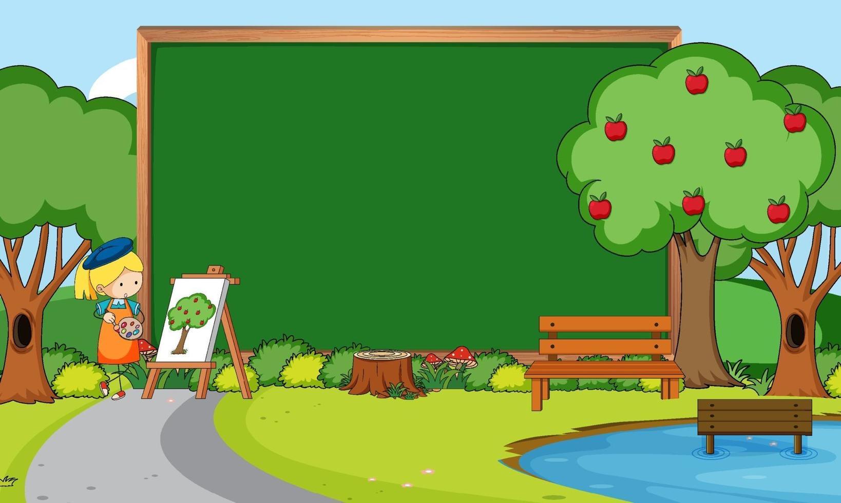 Empty blackboard in nature scene with an artist girl drawing vector