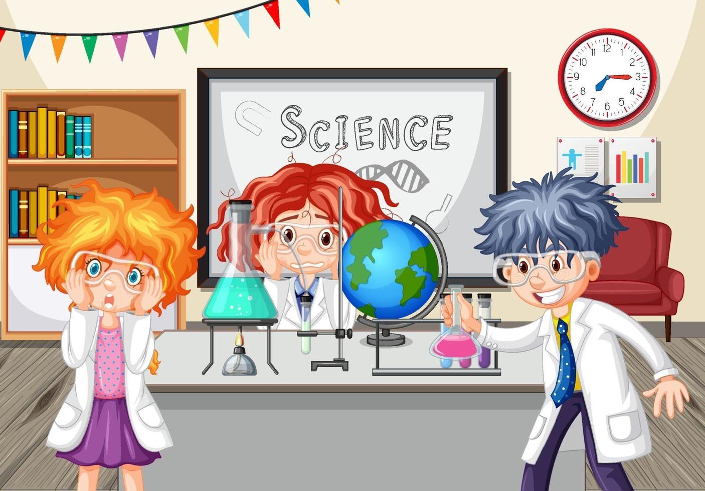 Niños de la escuela haciendo experimentos de química en el aula. vector