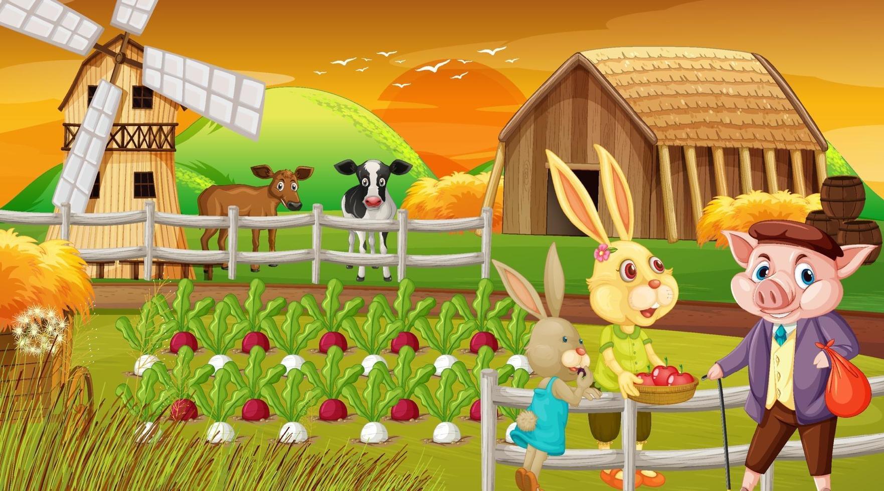 Farm at sunset time scene with rabbit family and a pig cartoon vector