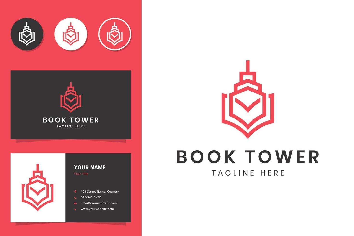 book and tower line art logo design and business card vector