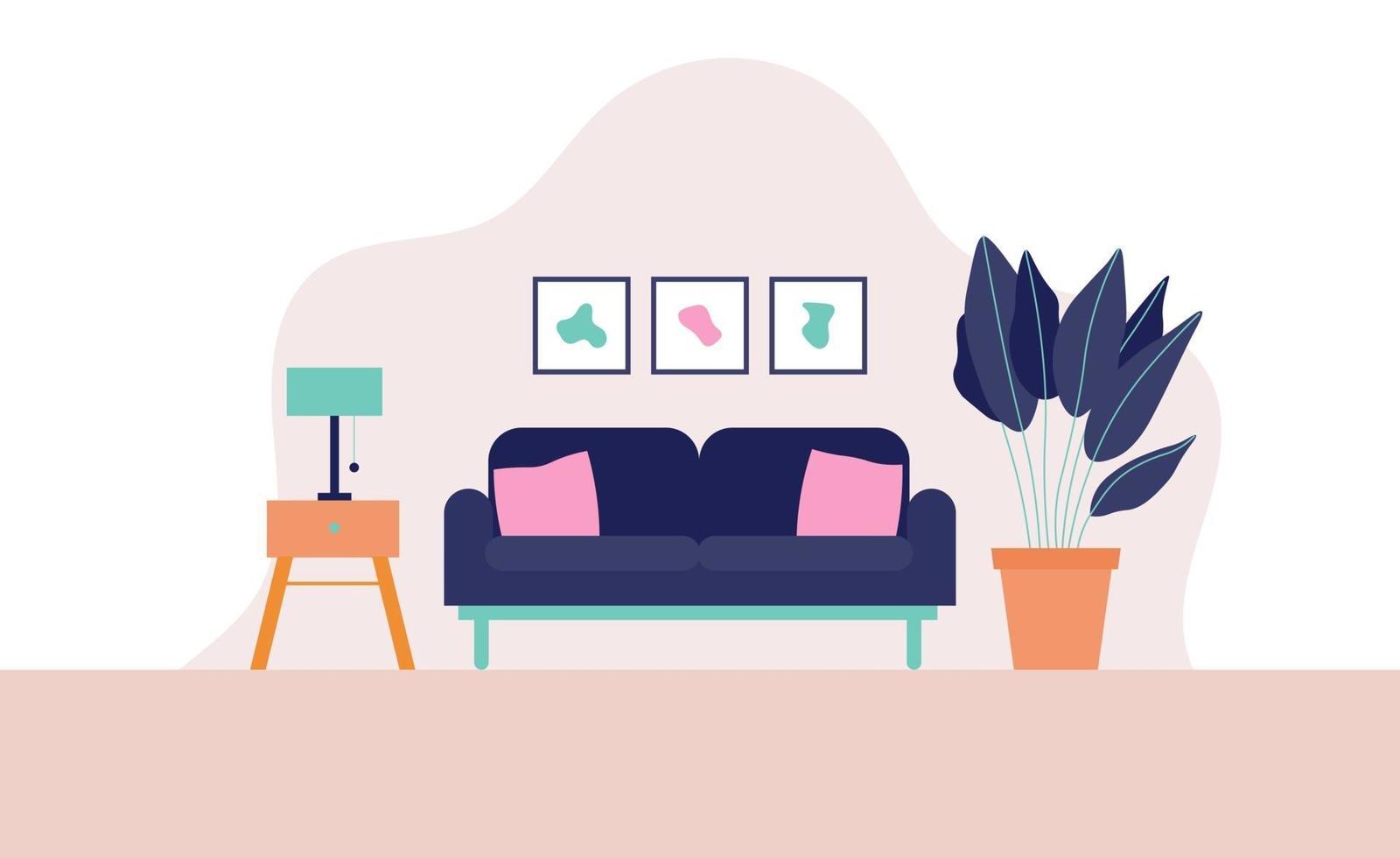 Home Interior with Couch, Side Table and Plant Illustration vector