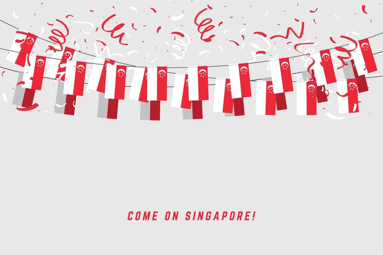 Bandera de guirnalda de Singapur con confeti sobre fondo gris. vector