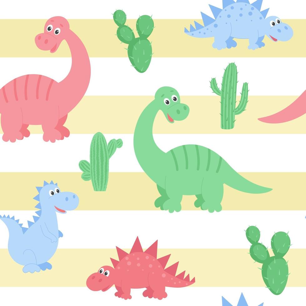Dinosaurs pattern with cactus on the background of sand stripes vector