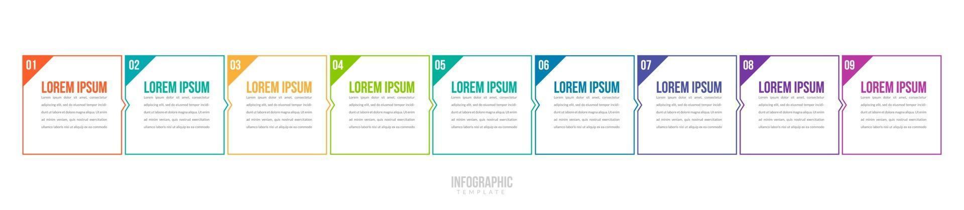 Plantilla mínima de infografías de negocios de 9 pasos. vector