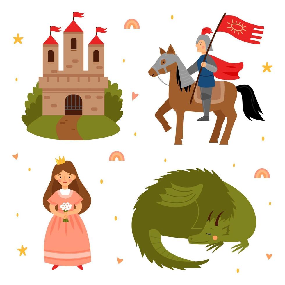 Vector set of fairy tale characters. Princess, knight and castle.