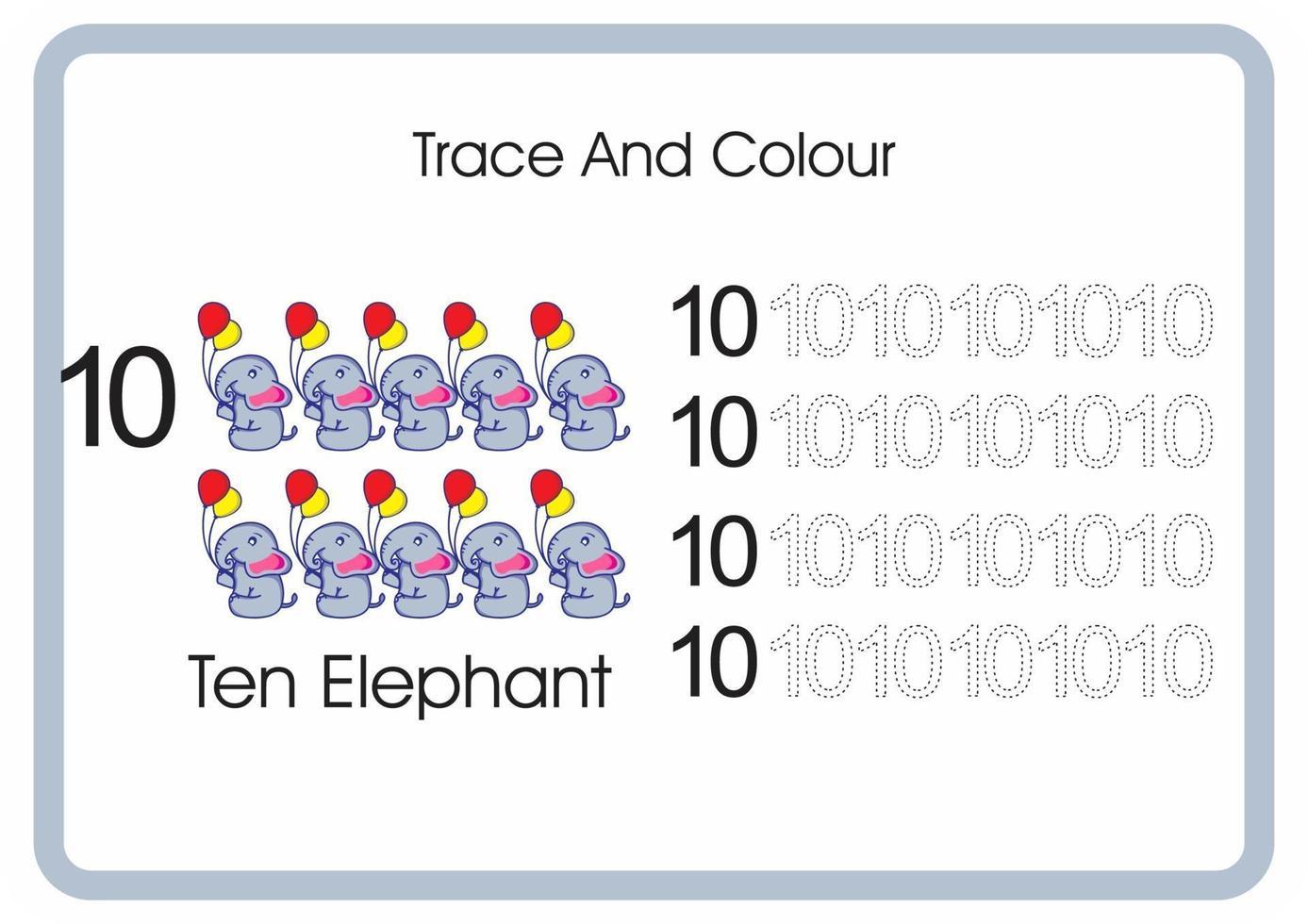 contar el rastro y el color del elefante número 10 vector