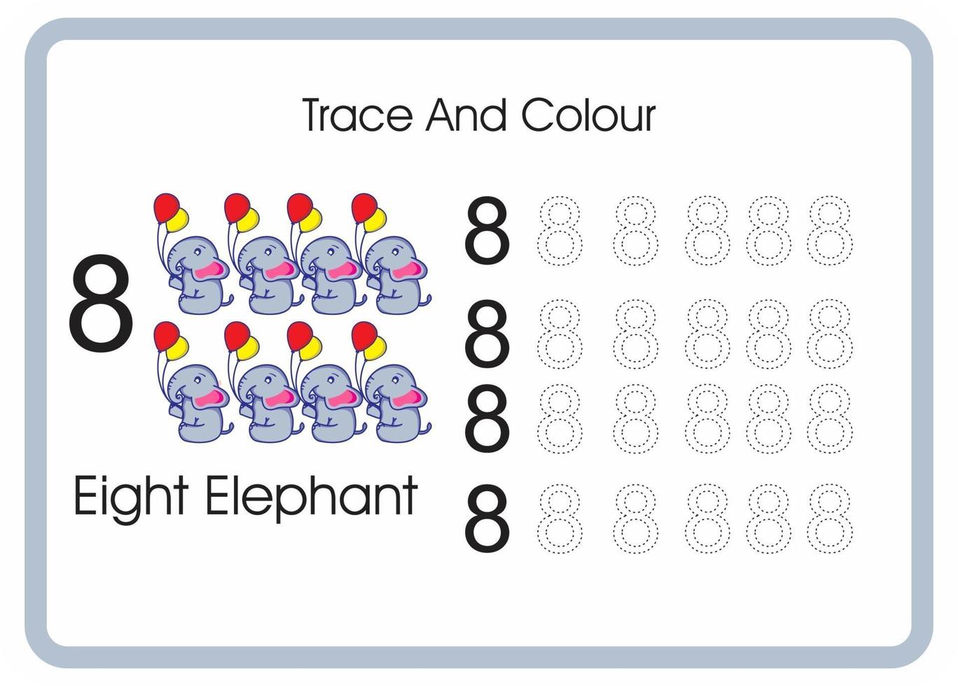 count trace and colour elephant number 8 vector