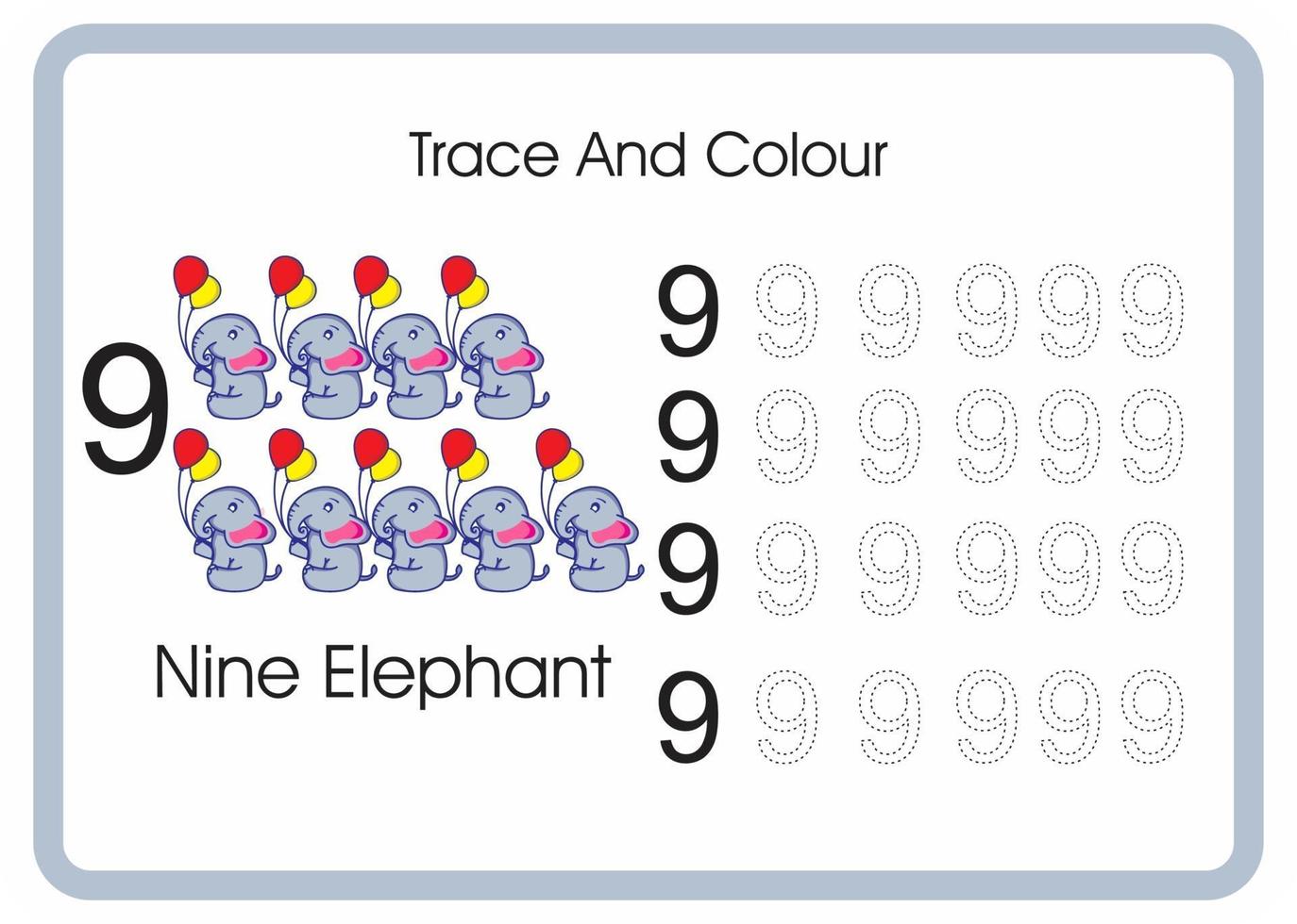 contar el rastro y el color del elefante número 9 vector