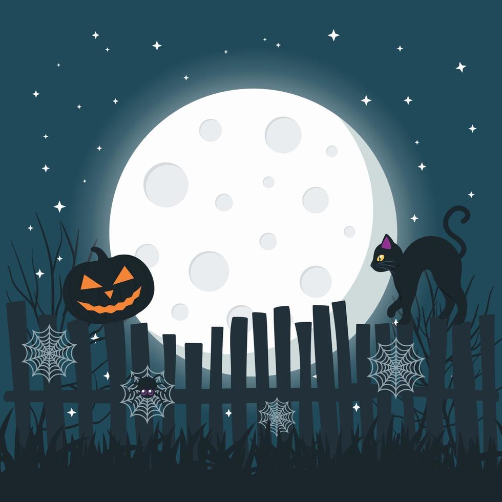 Halloween Background with Full Moon, Pumpkin and Black Cat vector