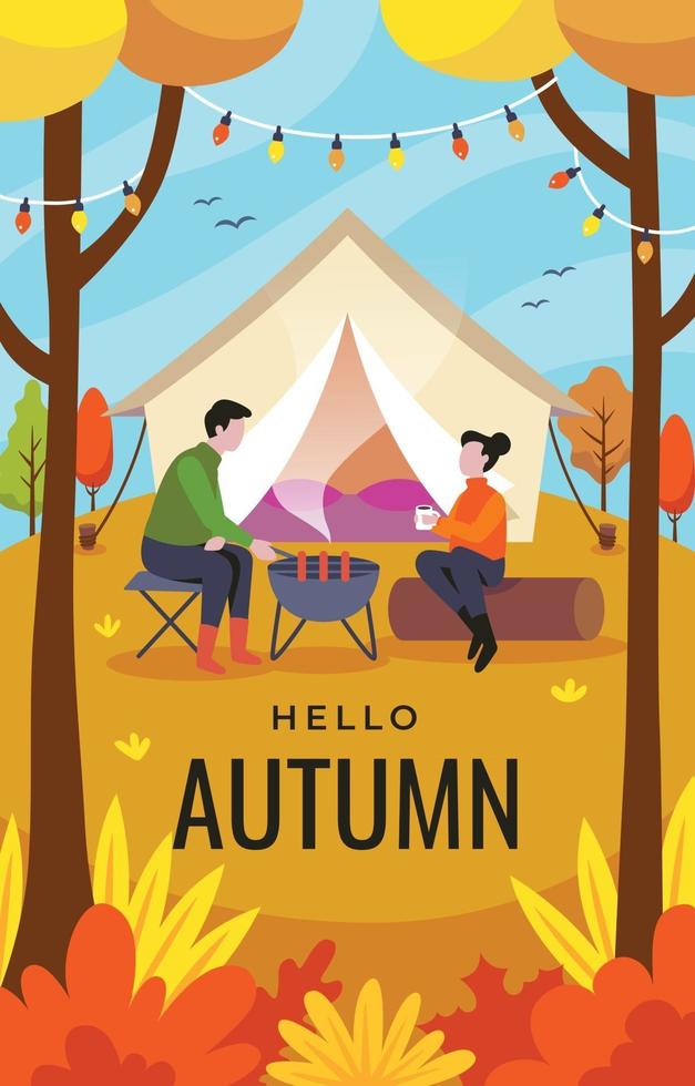 Couple Camping in Autumn Forest vector