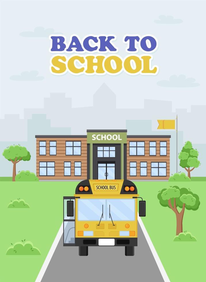 Illustration of a yellow bus approaching the school. vector