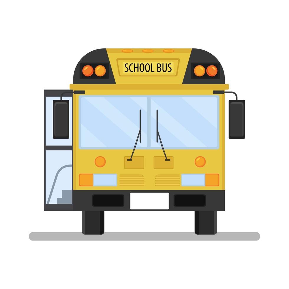 Ilustración de una vista frontal del autobús escolar con una puerta abierta. vector