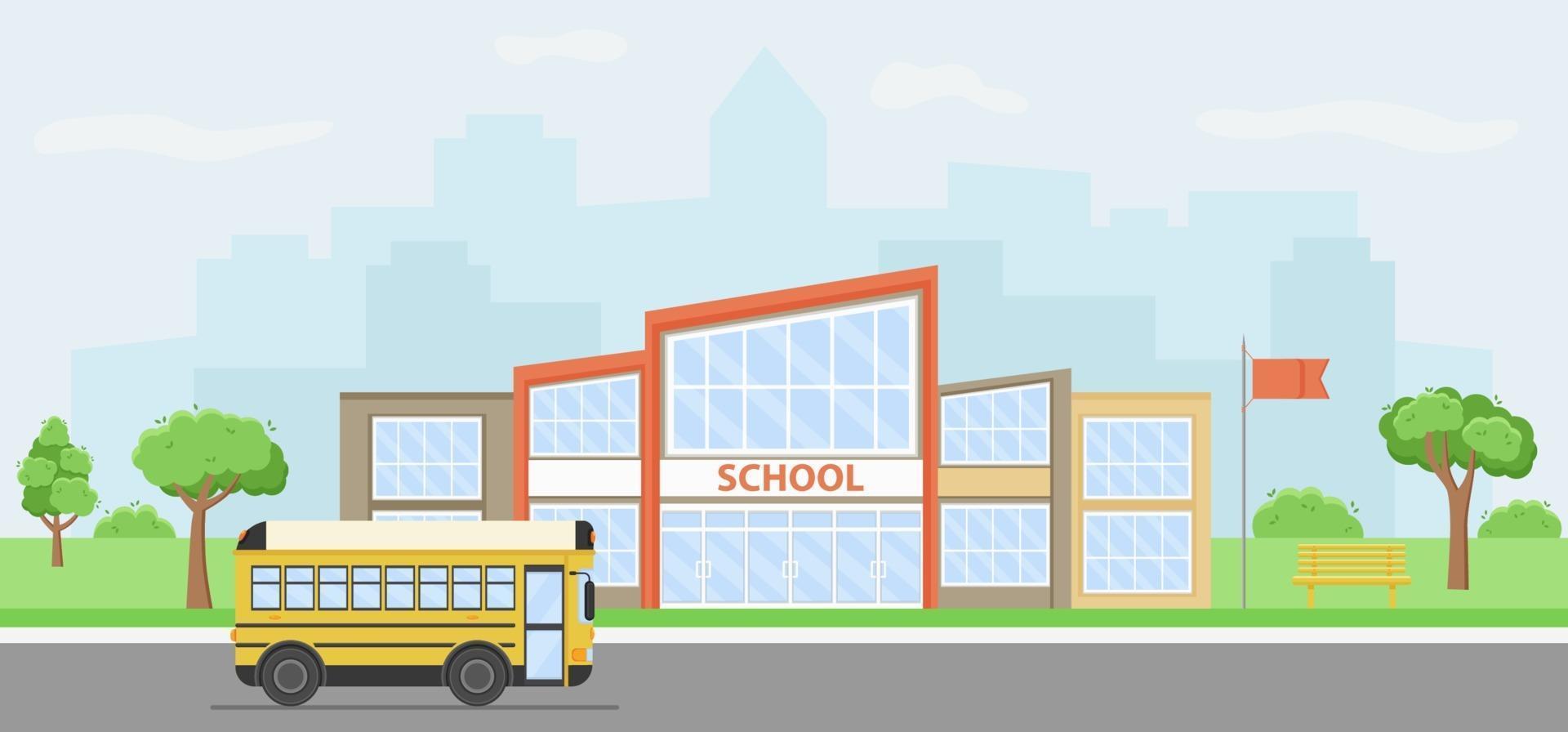 Summer cityscape with school building and yellow bus. vector