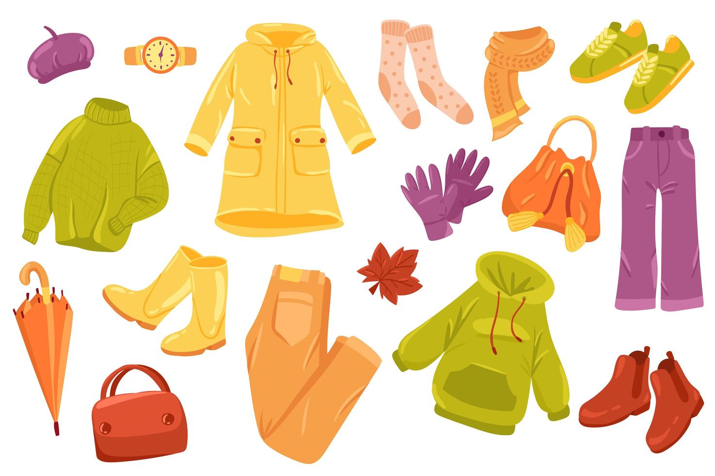 Autumn clothing cute stickers isolated set vector