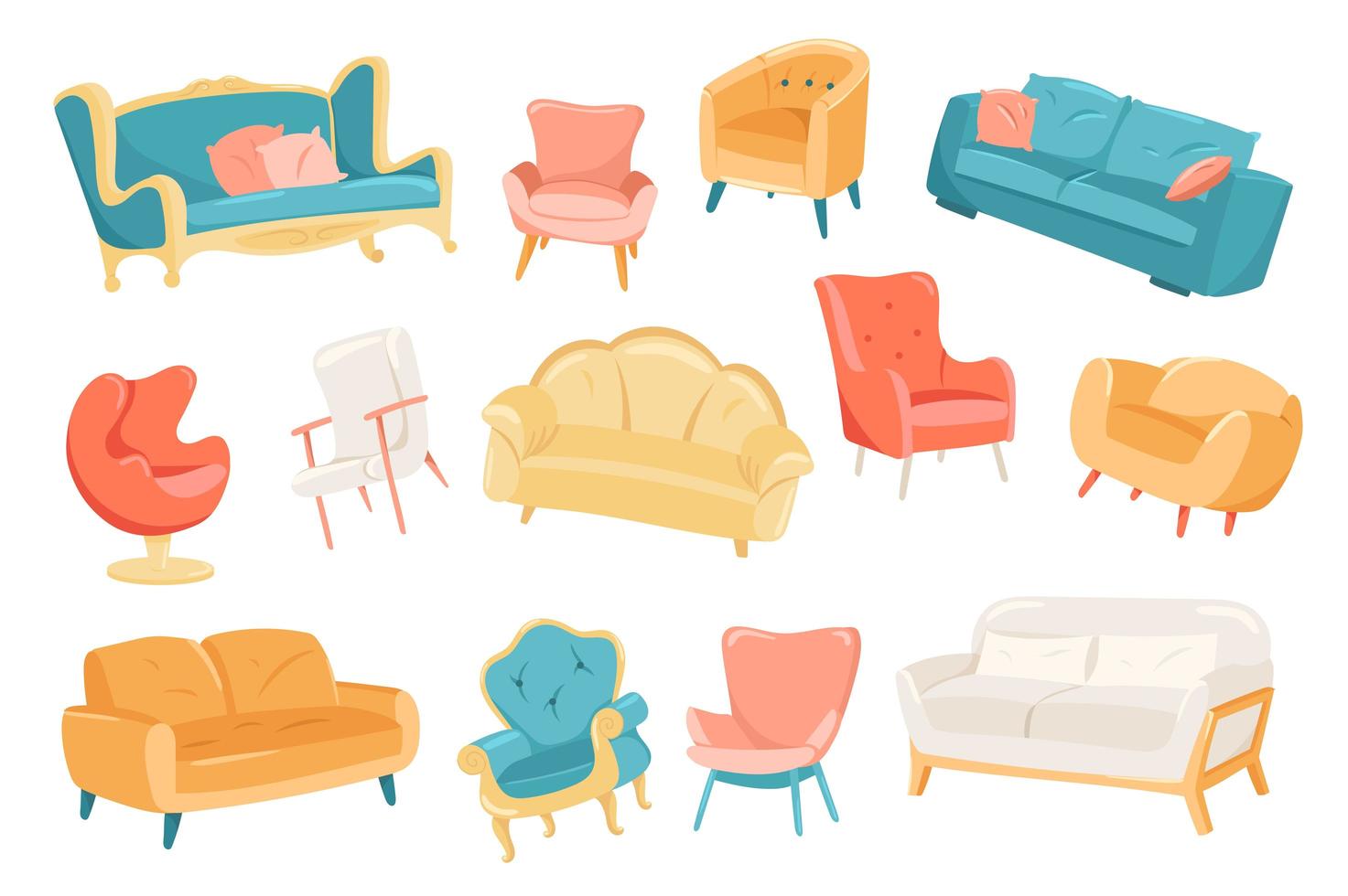 Furniture cute stickers isolated set vector