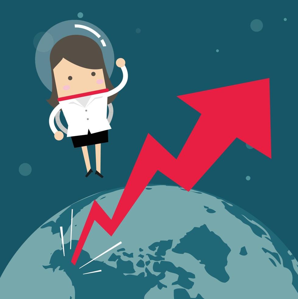 Businesswoman flying in a space with growth graph. vector