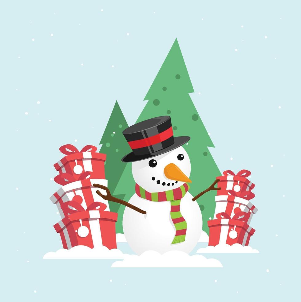 Merry Christmas Snowman with a gift box in snowy winter. vector