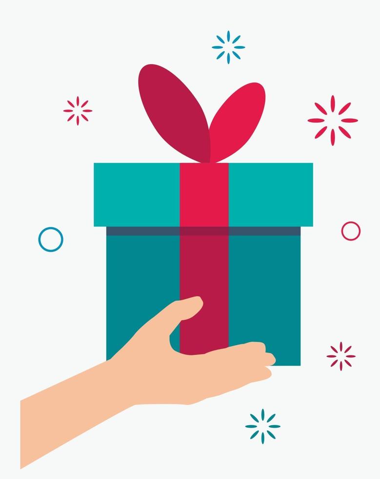 Human hand and gift box. Receives bonus or surprise concept vector