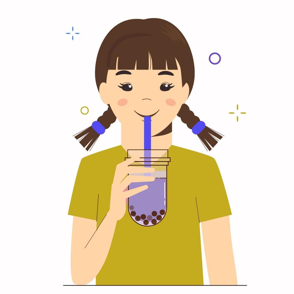 Young girl drinks bubble milk tea or pearl milk tea. Taiwanese vector
