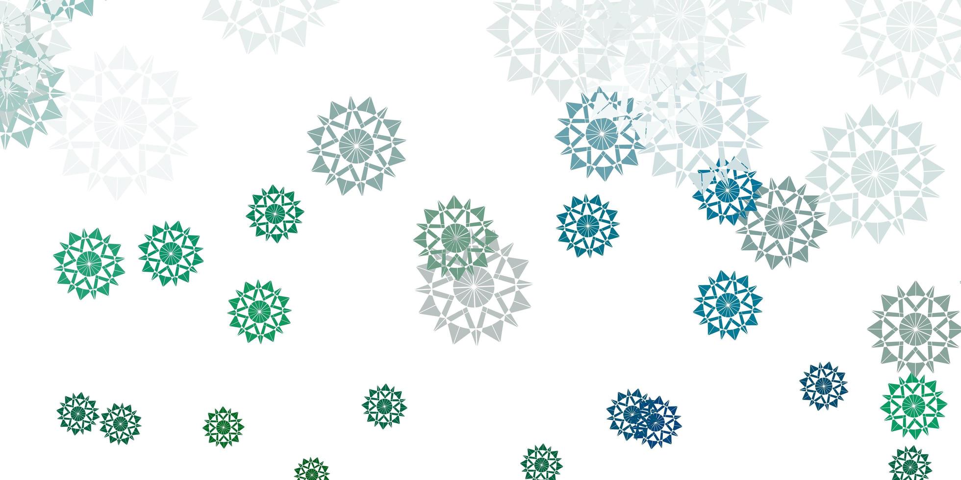 Fondo de vector verde claro con copos de nieve de Navidad.