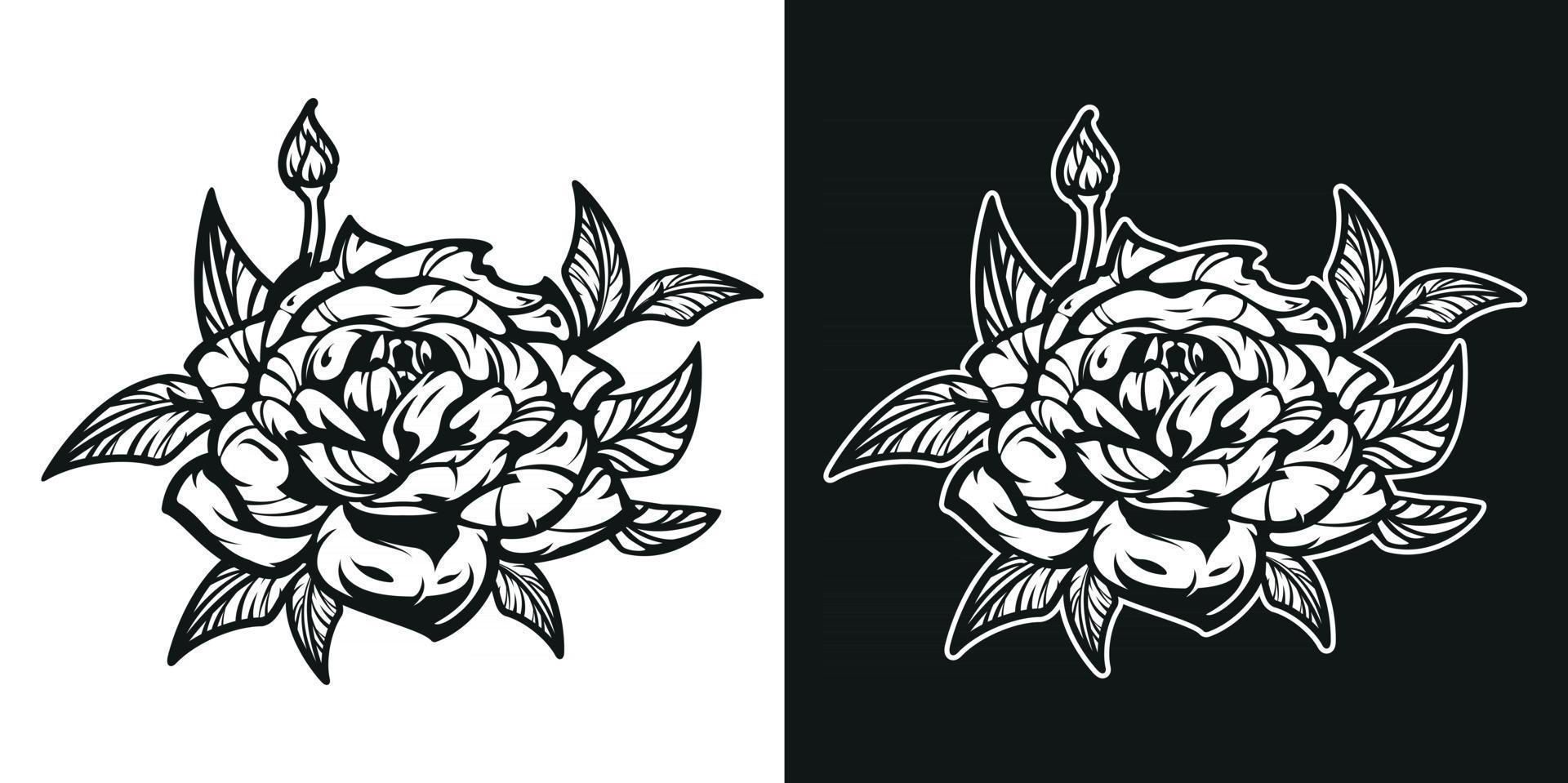 Black and white illustration of the Rose flower. vector