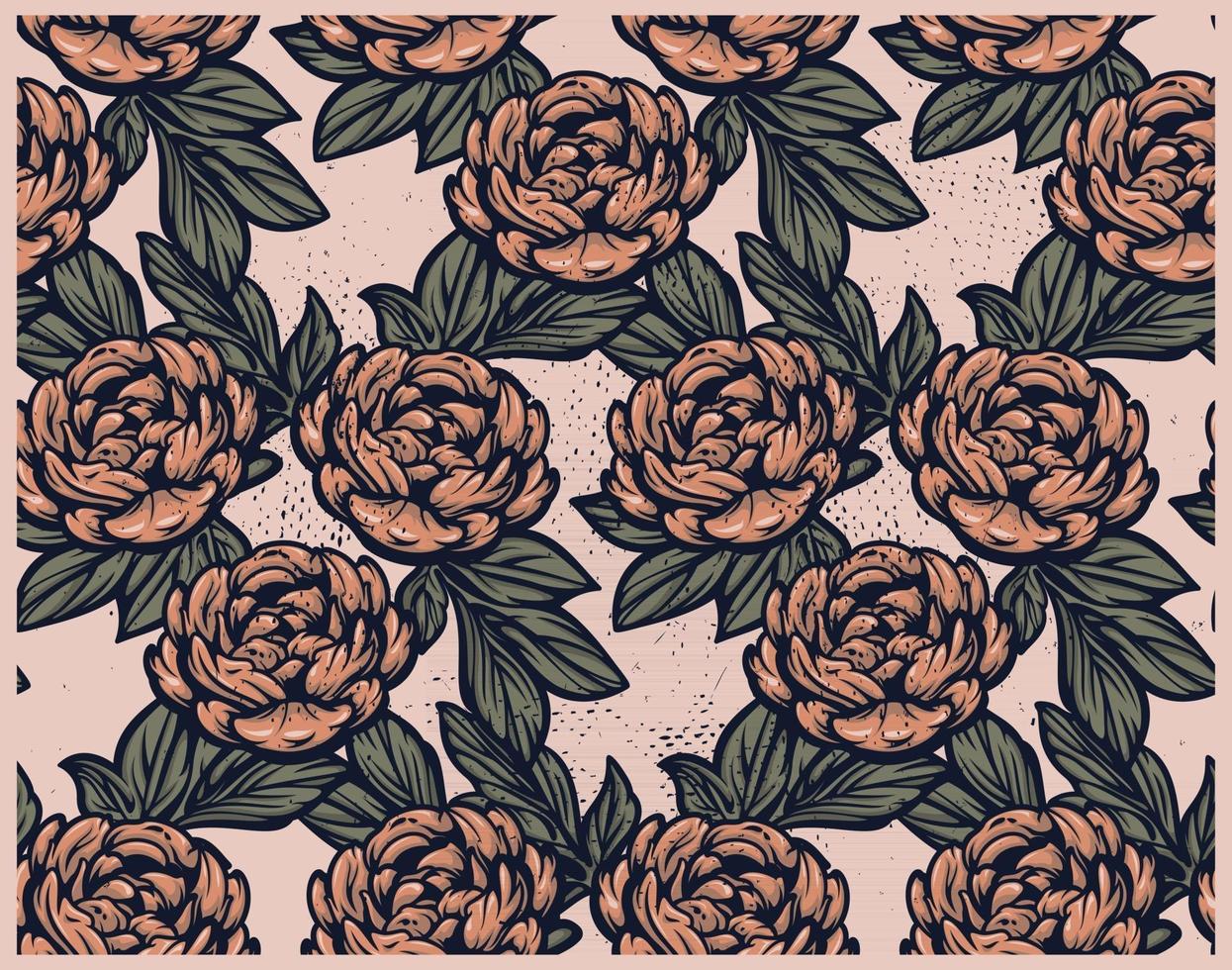 Seamless vintage pattern with peony flowers on peach background. vector