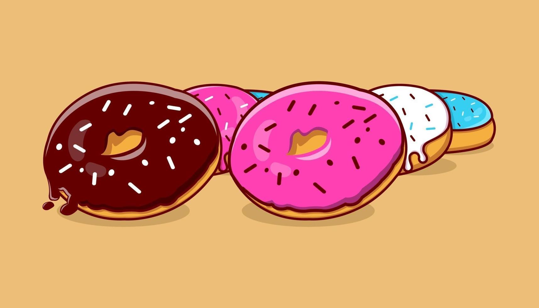 Ilustración de dibujos animados de variaciones de color lindas y deliciosas de donas vector