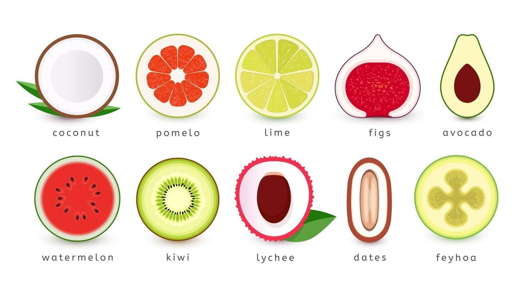 Set of fruit, vegetable and berries closeup icons. Exotic tropical eat vector