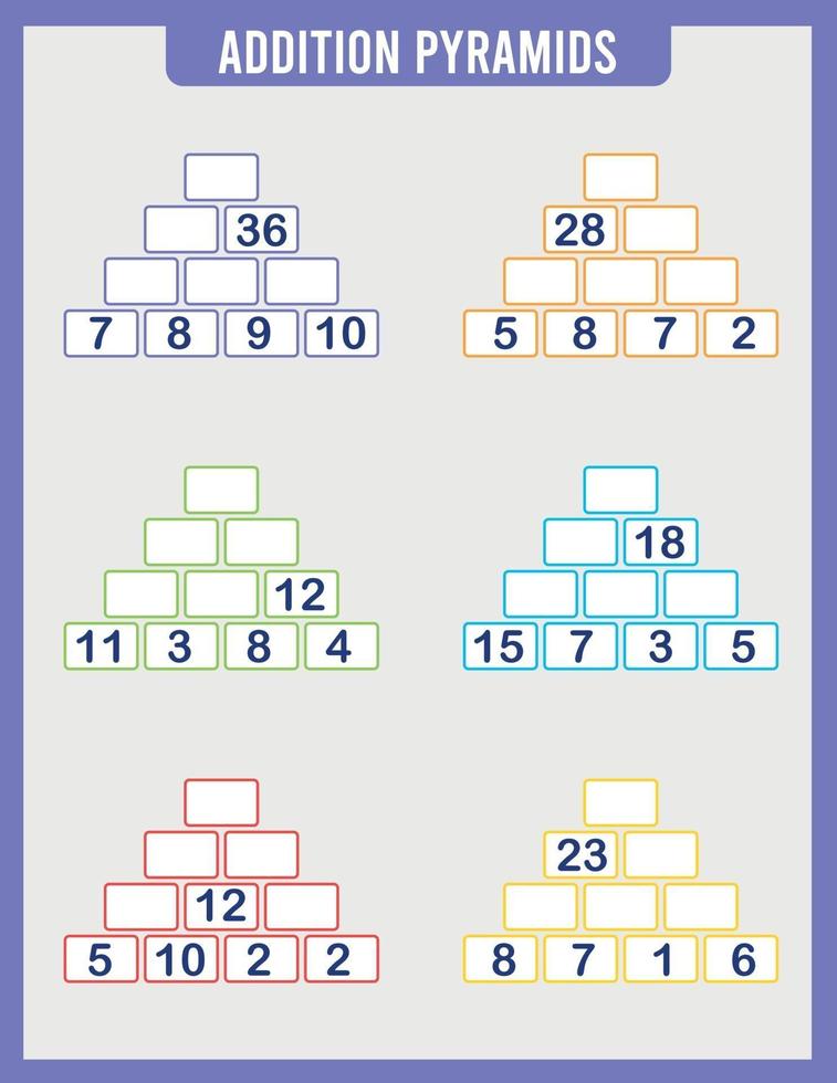 juego de pirámide de suma matemática, hoja de trabajo de matemáticas para niños vector