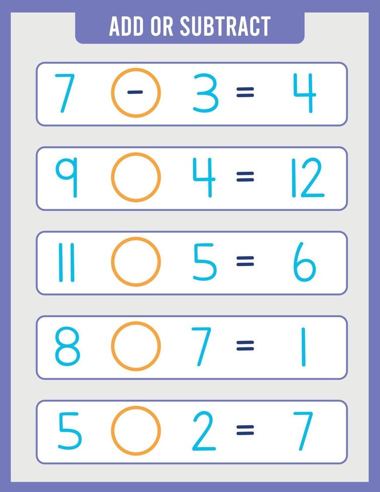 Educational page for young children on addition and subtraction. vector