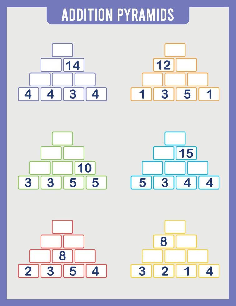 Mathematical addition pyramid game, math worksheet for kids vector